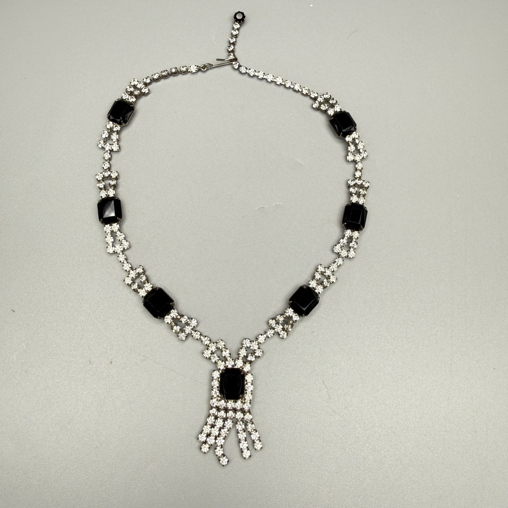 Vintage Art Deco Rhinestone Necklace Fringe Black Silver Tone 15" Adjustable